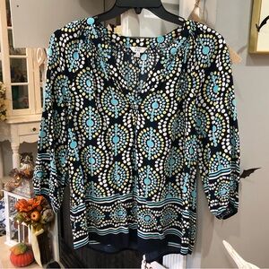 Crown & Ivy Polka Dot Long Sleeve Turquoise Peasant Boho Blouse Shirt Top